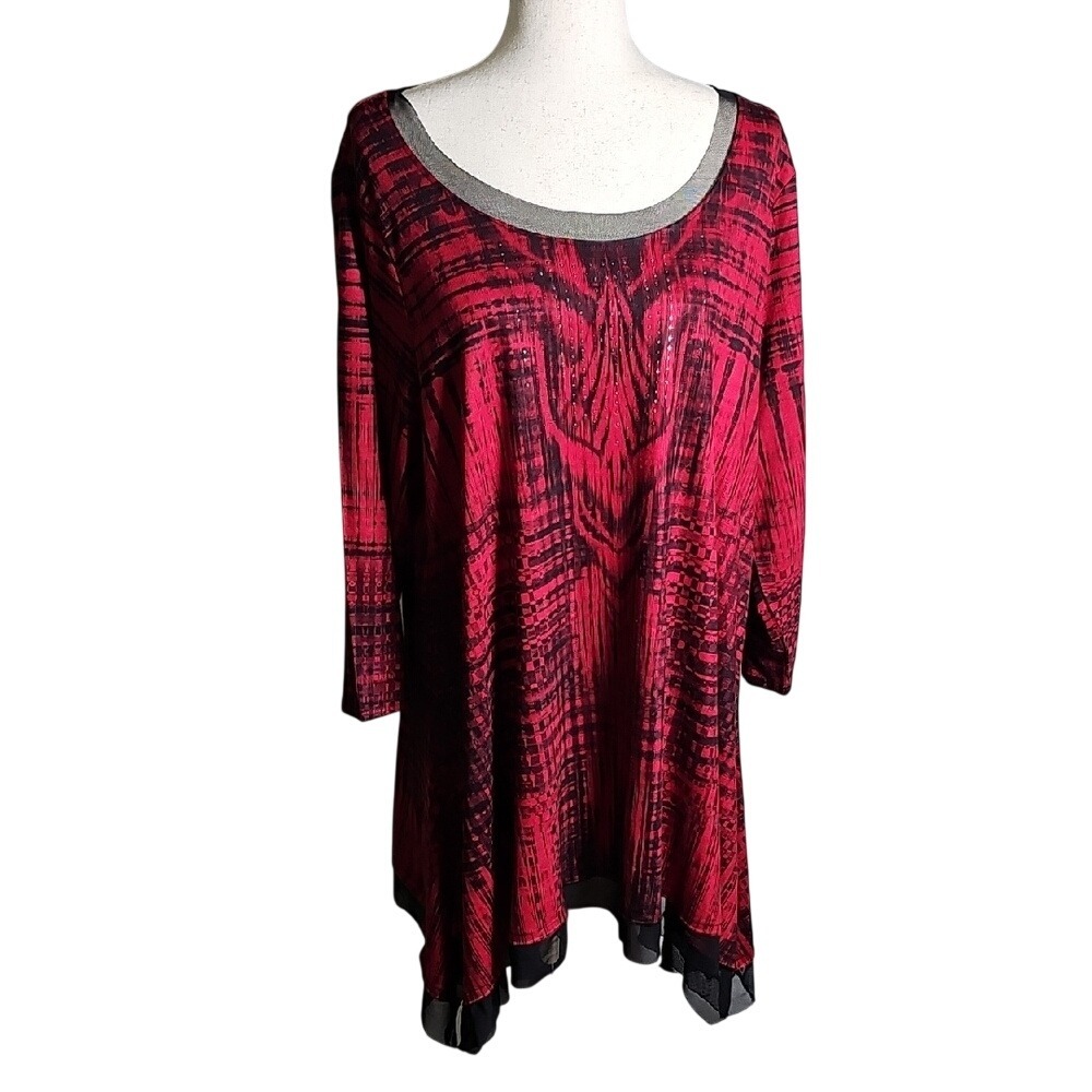 One World Stretchy Red Abstract Print with Chiffon Neck and Hem Top Size 2xl